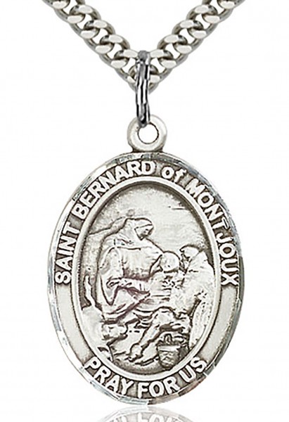 St. Bernard of Montjoux Medal, Sterling Silver, Large - 24" Sterling Silver Chain + Clasp