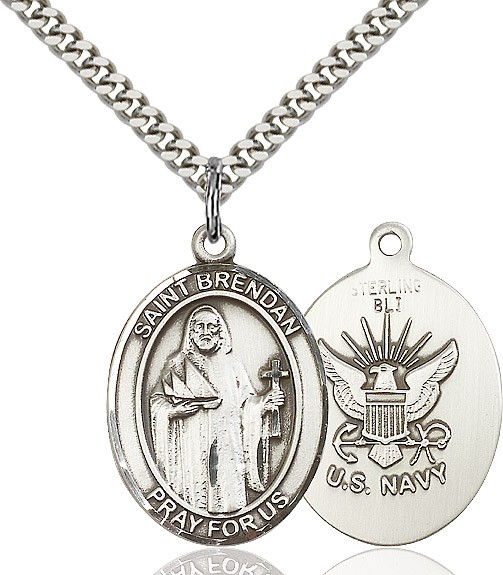 St. Brendan the Navigator/ Navy Medal, Sterling Silver, Large - 24" 2.2mm Sterling Silver Chain + Clasp