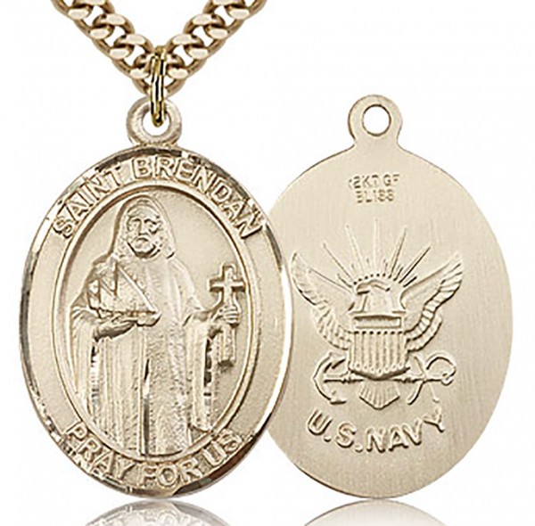 St. Brendan the Navigator/ Navy Medal, Gold Filled, Large - 24" 2.4mm Gold Plated Chain + Clasp