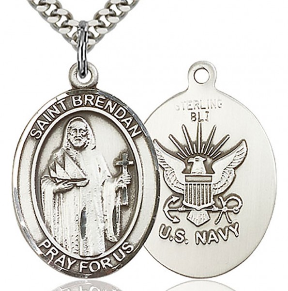St. Brendan the Navigator/ Navy Medal, Sterling Silver, Large - 24" 2.4mm Rhodium Plate Chain + Clasp