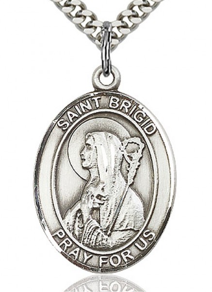 St. Brigid of Ireland Medal, Sterling Silver, Large - 24" 2.4mm Rhodium Plate Endless Chain