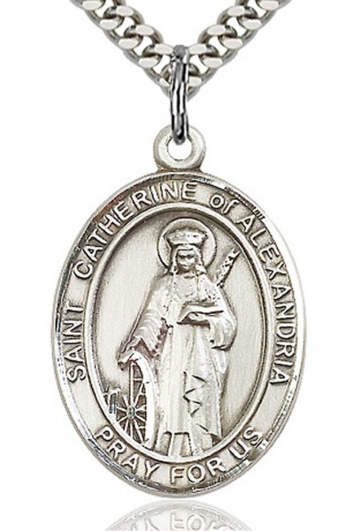St. Catherine of Alexandria Medal, Sterling Silver, Large - 24" 2.4mm Rhodium Plate Endless Chain