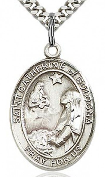 St. Catherine of Bologna Medal, Sterling Silver, Large - 24" Sterling Silver Chain + Clasp