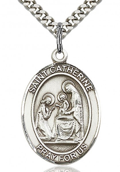 St. Catherine of Siena Medal, Sterling Silver, Large - 24" 2.4mm Rhodium Plate Endless Chain