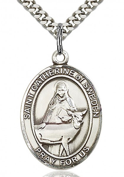 St. Catherine of Sweden Medal, Sterling Silver, Large - 24" 2.4mm Rhodium Plate Chain + Clasp