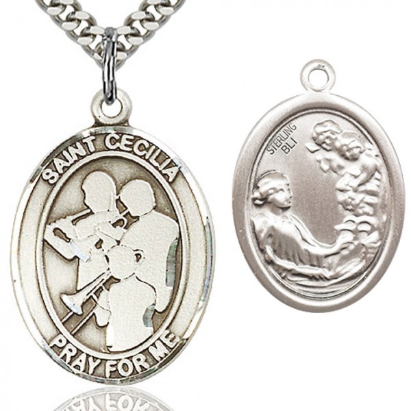 St. Cecilia Marching Band Medal, Sterling Silver, Large - 24" 2.4mm Rhodium Plate Chain + Clasp