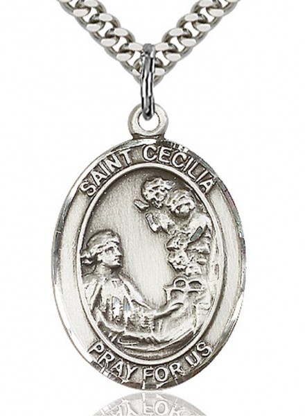 St. Cecilia Medal, Sterling Silver, Large - 24" 2.4mm Rhodium Plate Endless Chain