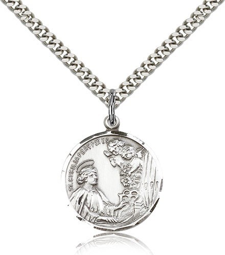St. Cecilia Medal - 24" 2.4mm Rhodium Plate Chain + Clasp