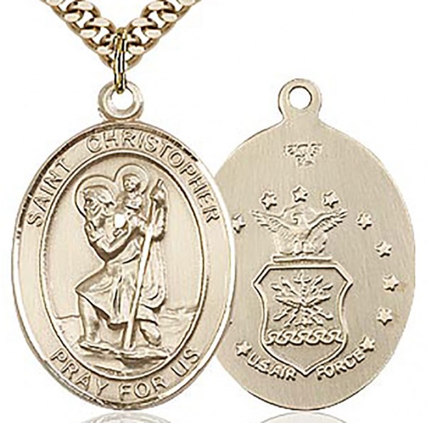 St. Christopher Air Force Medal, Gold Filled, Large - 24" 2.4mm Gold Plated Chain + Clasp