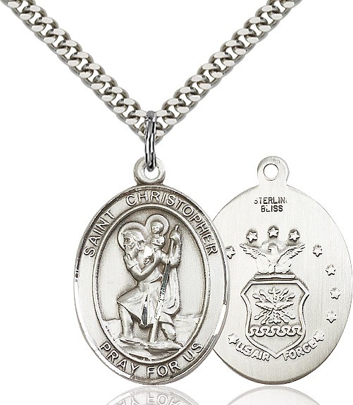 St. Christopher Air Force Medal, Sterling Silver, Large - 24" 2.2mm Sterling Silver Chain + Clasp