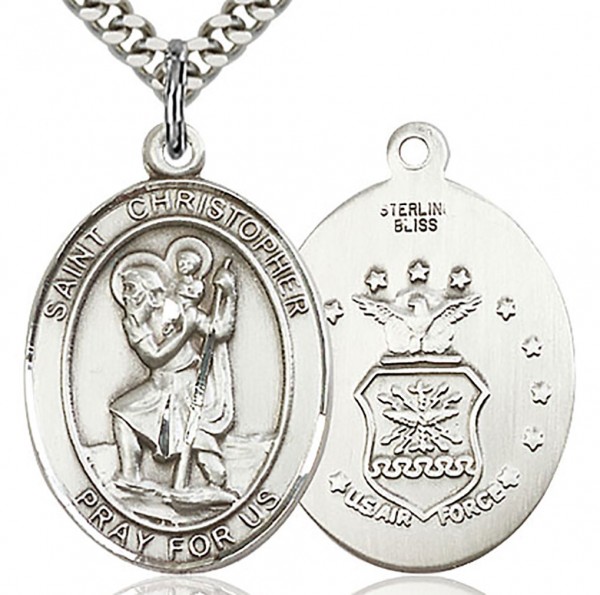 St. Christopher Air Force Medal, Sterling Silver, Large - 24" 2.4mm Rhodium Plate Endless Chain
