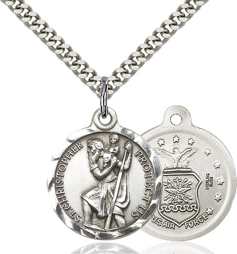 St. Christopher Air Force Medal, Sterling Silver - 24" 2.2mm Sterling Silver Chain + Clasp