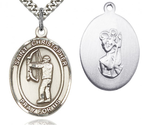 St. Christopher Archery Medal, Sterling Silver, Large - 24" 2.4mm Rhodium Plate Endless Chain