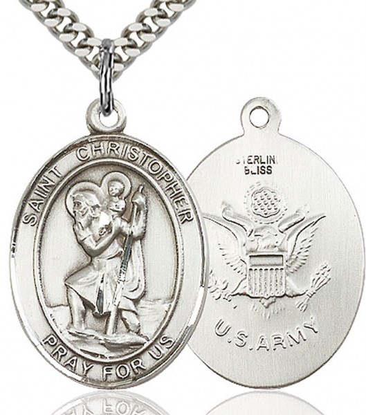 St. Christopher Army Medal, Sterling Silver, Large - 24" 2.4mm Rhodium Plate Endless Chain