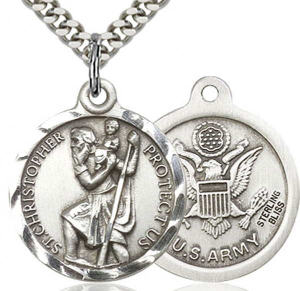 St. Christopher Army Medal, Sterling Silver - 24" 2.2mm Sterling Silver Chain + Clasp