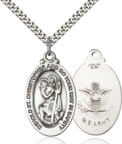 St. Christopher Army Medal, Sterling Silver - 24" 2.2mm Sterling Silver Chain + Clasp