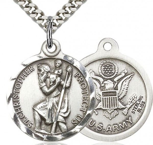 St. Christopher Army Medal, Sterling Silver - 24" 2.4mm Rhodium Plate Endless Chain