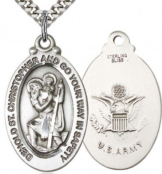 St. Christopher Army Medal, Sterling Silver - 24" 2.4mm Rhodium Plate Endless Chain