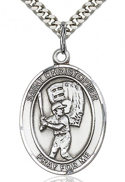 St. Christopher Baseball Medal, Sterling Silver, Large - 24" Sterling Silver Chain + Clasp