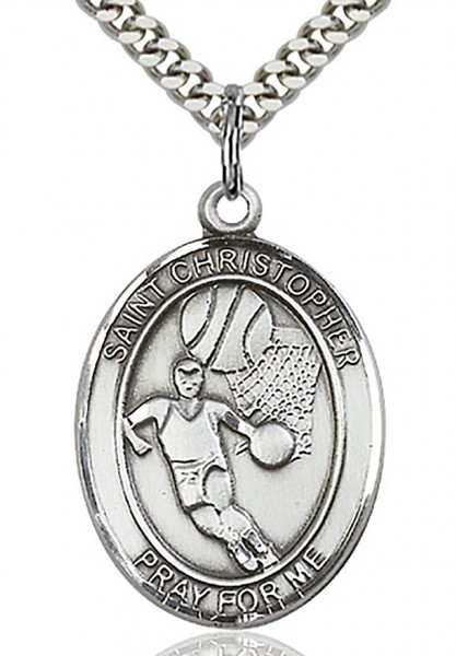 St. Christopher Basketball Medal, Sterling Silver, Large - 24" 2.4mm Rhodium Plate Endless Chain