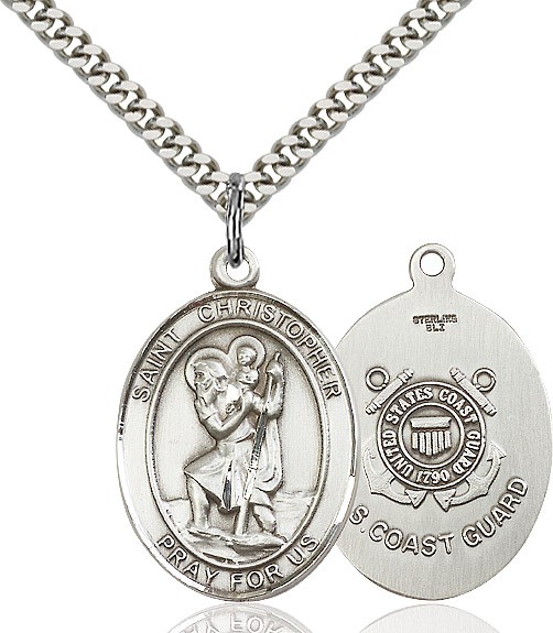 St. Christopher Coast Guard Medal, Sterling Silver, Large - 24" 2.2mm Sterling Silver Chain + Clasp