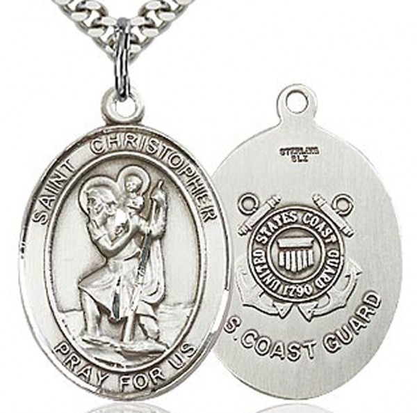 St. Christopher Coast Guard Medal, Sterling Silver, Large - 24" 2.4mm Rhodium Plate Chain + Clasp