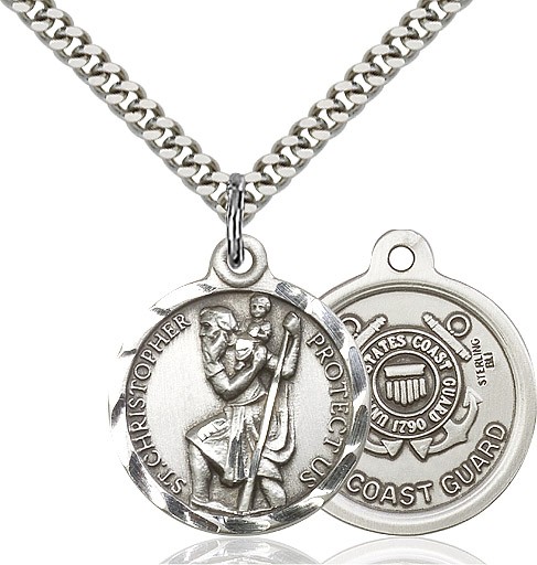 St. Christopher Coast Guard Medal, Sterling Silver - 24" 2.2mm Sterling Silver Chain + Clasp