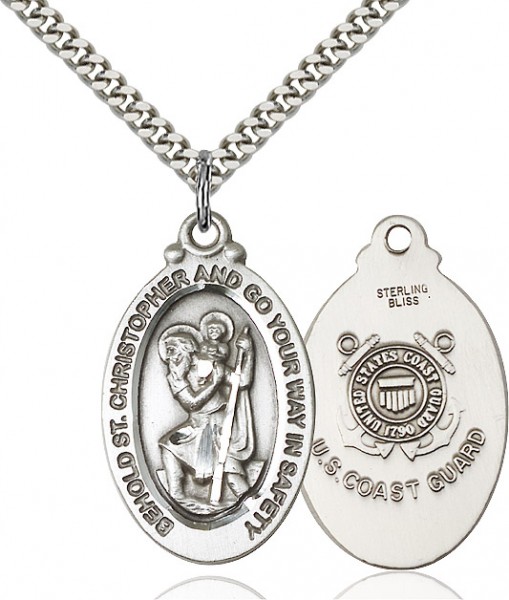 St. Christopher Coast Guard Medal, Sterling Silver - 24" 2.2mm Sterling Silver Chain + Clasp