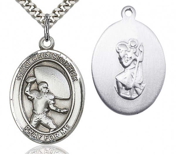 St. Christopher Football Medal, Sterling Silver, Large - 24" 2.4mm Rhodium Plate Chain + Clasp