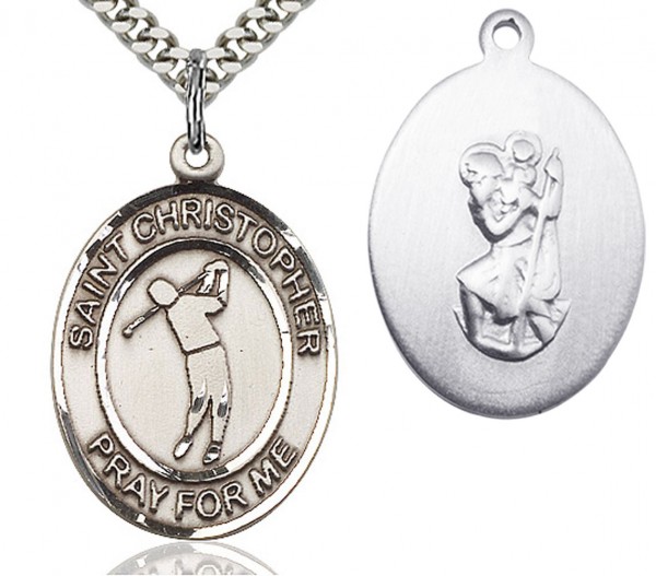 St. Christopher Golf Medal, Sterling Silver, Large - 24" 2.4mm Rhodium Plate Endless Chain