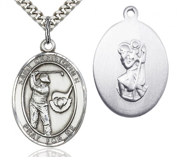 St. Christopher Golf Medal, Sterling Silver, Large - 24" 2.4mm Rhodium Plate Endless Chain