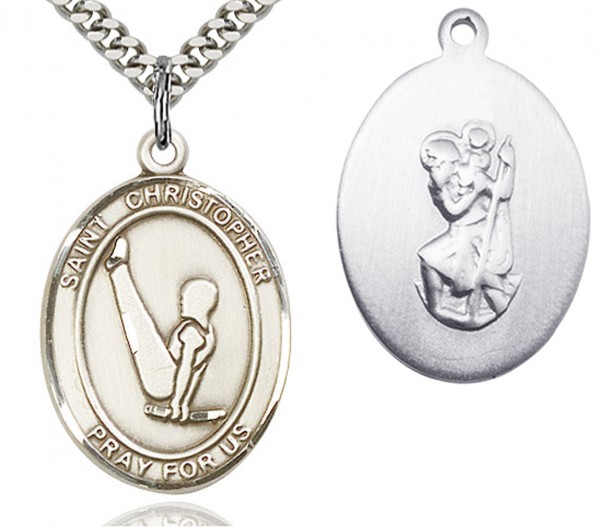 St. Christopher Gymnastics Medal, Sterling Silver, Large - 24" 2.4mm Rhodium Plate Chain + Clasp