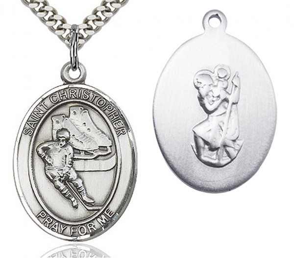 St. Christopher Hockey Medal, Sterling Silver, Large - 24" 2.4mm Rhodium Plate Endless Chain