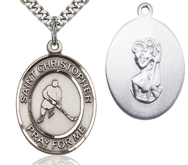 St. Christopher Ice Hockey Medal, Sterling Silver, Large - 24" 2.4mm Rhodium Plate Chain + Clasp