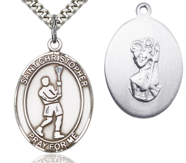 St. Christopher Lacrosse Medal, Sterling Silver, Large - 24" 2.4mm Rhodium Plate Endless Chain
