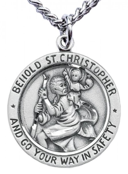 Men's Sterling Silver Round Saint Christopher Necklace - 24" Sterling Silver Chain + Clasp