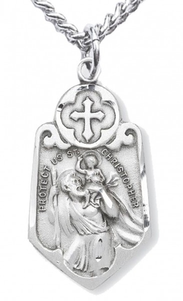 Men's Sterling Silver Shield Shape Saint Christopher Necklace with Cross Top with Chain Options - 24" Sterling Silver Chain + Clasp