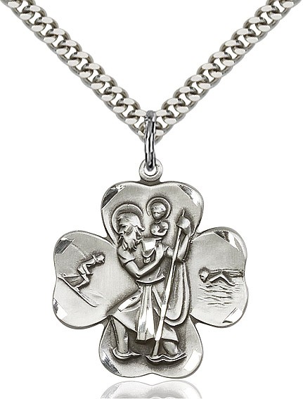 Men's Sterling Silver Shamrock Saint Christopher Medal - 24" 2.2mm Sterling Silver Chain + Clasp