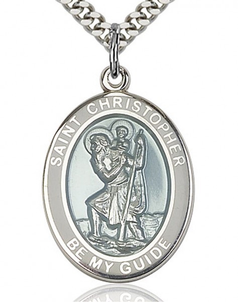 St. Christopher Medal with White Border, Sterling Silver, Large - 24" 2.4mm Rhodium Plate Endless Chain