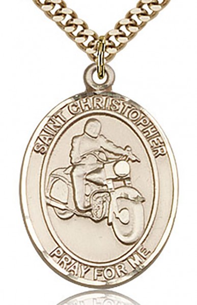 St. Christopher Motorcycle Medal, Gold Filled, Large - 24" 2.4mm Gold Plated Chain + Clasp