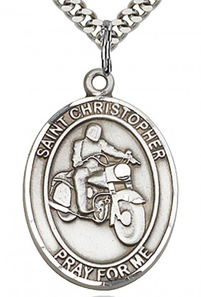 Men's Sterling Silver Oval St. Christopher Motorcycle Medal - 24" Sterling Silver Chain + Clasp