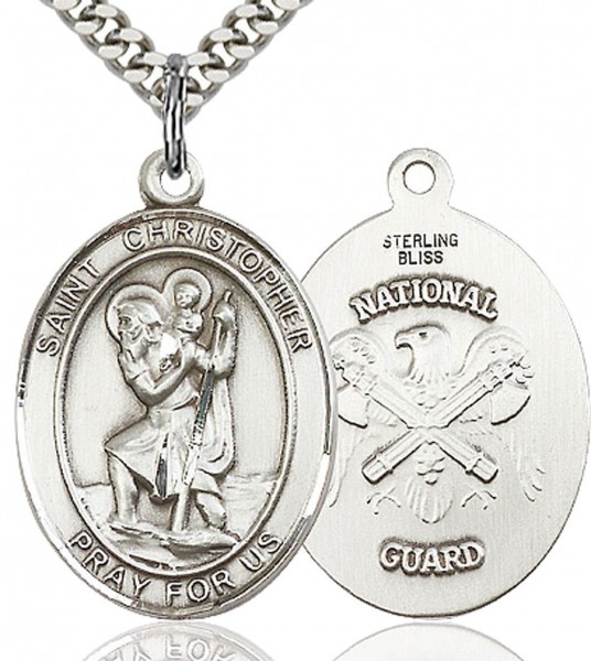 St. Christopher National Guard Medal, Sterling Silver, Large - 24" 2.2mm Sterling Silver Chain + Clasp