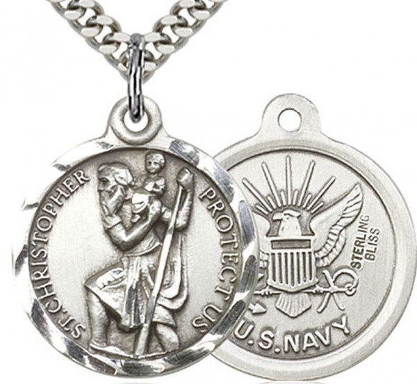 St. Christopher Navy Medal, Sterling Silver - 20" 2.25mm Rhodium Plated Chain with Clasp