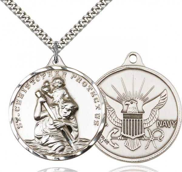 Large St. Christopher Navy Medal, Sterling Silver - 24" 2.4mm Rhodium Plate Chain + Clasp