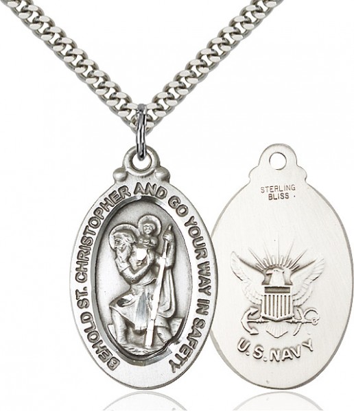 St. Christopher Navy Medal, Sterling Silver - 24" 2.2mm Sterling Silver Chain + Clasp