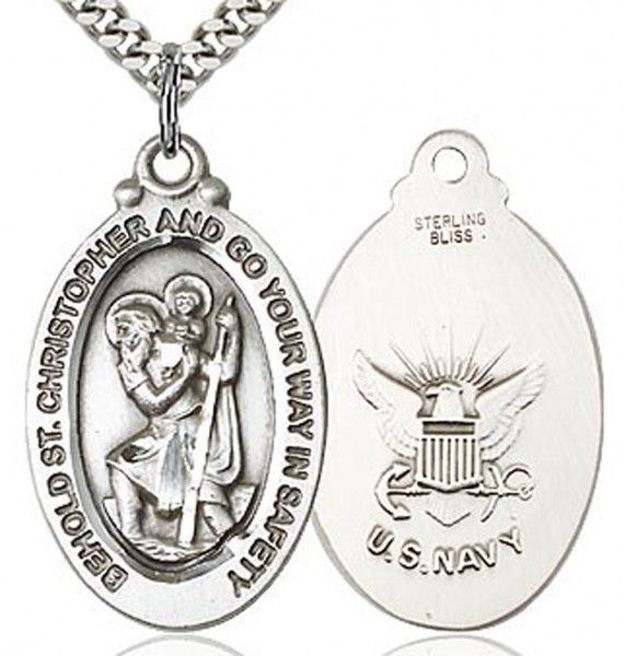 St. Christopher Navy Medal, Sterling Silver - 24" 2.4mm Rhodium Plate Chain + Clasp