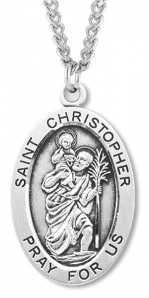 Men's Saint Christopher Sterling Silver Oval Necklace with Chain Options - 24" 3mm Stainless Steel Endless Chain