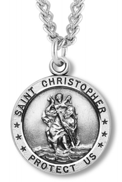 St. Christopher Round Medal Sterling Silver - 20" 2.2mm Stainless Steel Chain with Clasp