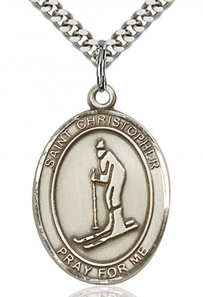St. Christopher Skiing Medal, Sterling Silver, Large - 24" Sterling Silver Chain + Clasp