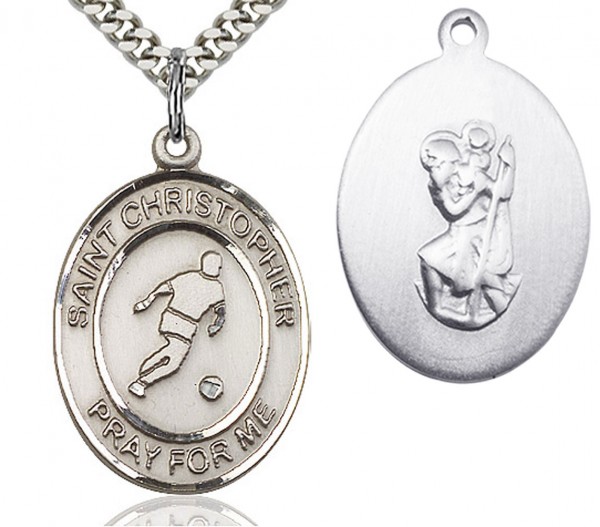 St. Christopher Soccer Medal, Sterling Silver, Large - 24" 2.4mm Rhodium Plate Chain + Clasp